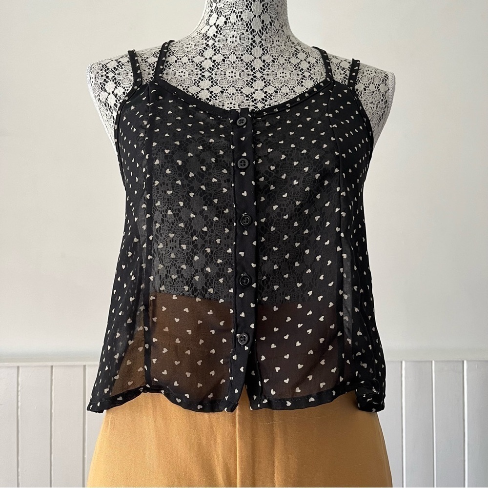 𝅺Brandy Melville Crossed Back Hearts Print Sheer Cami Tank Size M